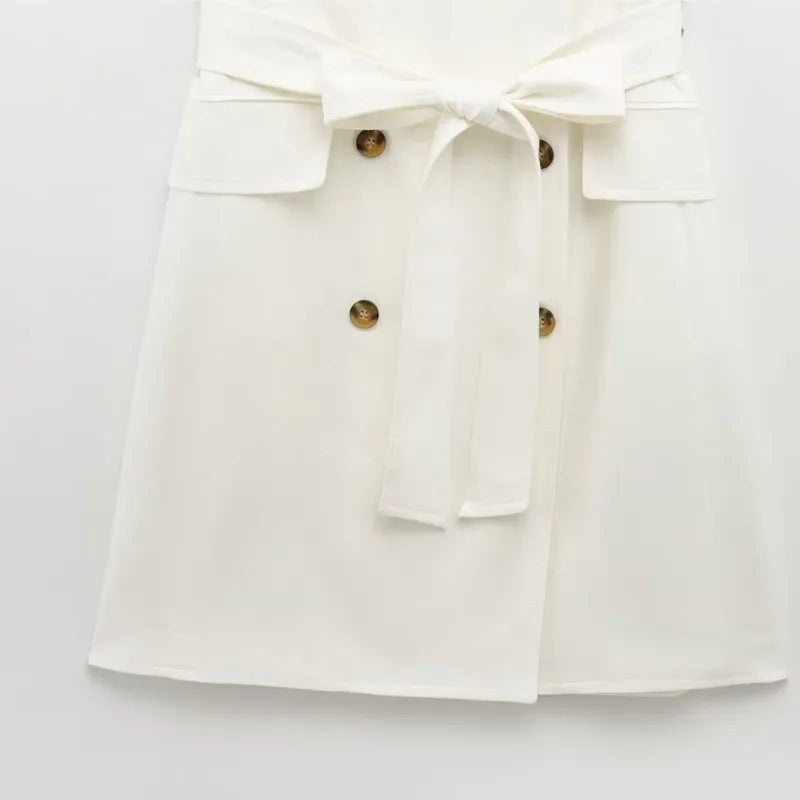 LBSFY -Fashion Simple Slim Fit Blended Short Dress Elegant Solid Color Lapel Summer Dress With Belt Dresses Bouble Breasted Dress