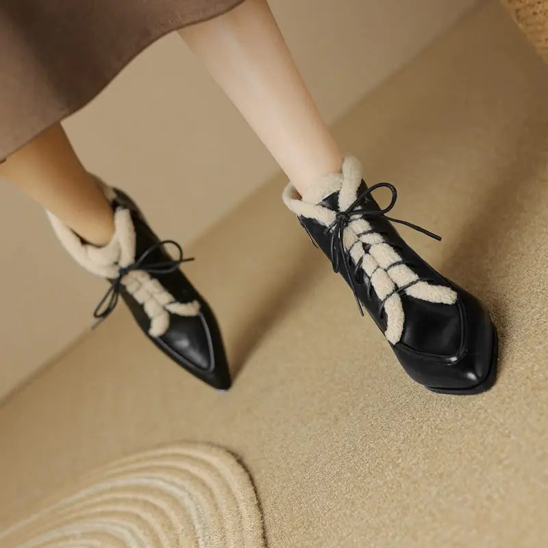 LBSFY  -   Fashion Thick Fur Winter Ankle Boots Pointed Toe Lace Up Med Heels Ankle Boots Zipper Ladies Warm Snow Boots
