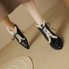LBSFY  -   Fashion Thick Fur Winter Ankle Boots Pointed Toe Lace Up Med Heels Ankle Boots Zipper Ladies Warm Snow Boots