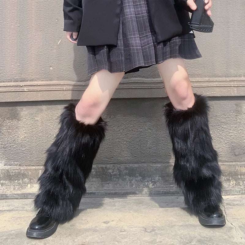 Lbsfy E-girl Furry Leg Warmers Boot Covers Y2K Goth White Faux Fur Leg Warmers Punk Jk Knee-length Hiphop Warm Sock Fashion Socks