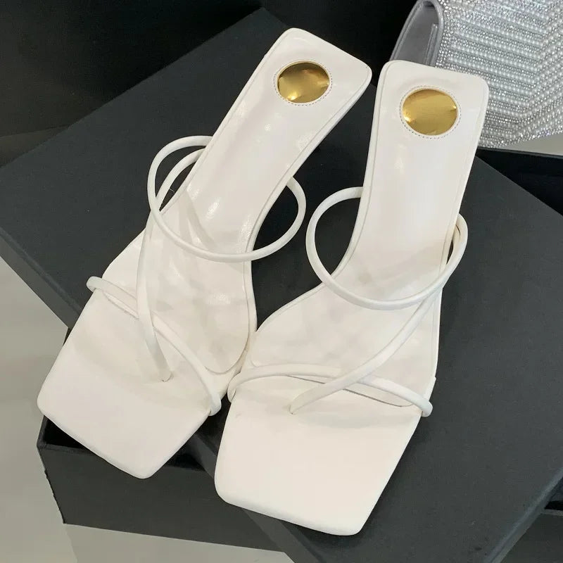 LBSFY -Summer New Fashion Narrow Band Hollow Out Slippers Women Square Toe Thin Low Heels Party Ladies Shoes
