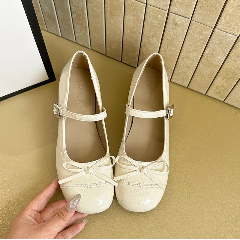 LBSFY -Ballet Style Butterfly-knot Mary Jane Shoes for Women Concise Dress Thick Heel Ladies Footwear