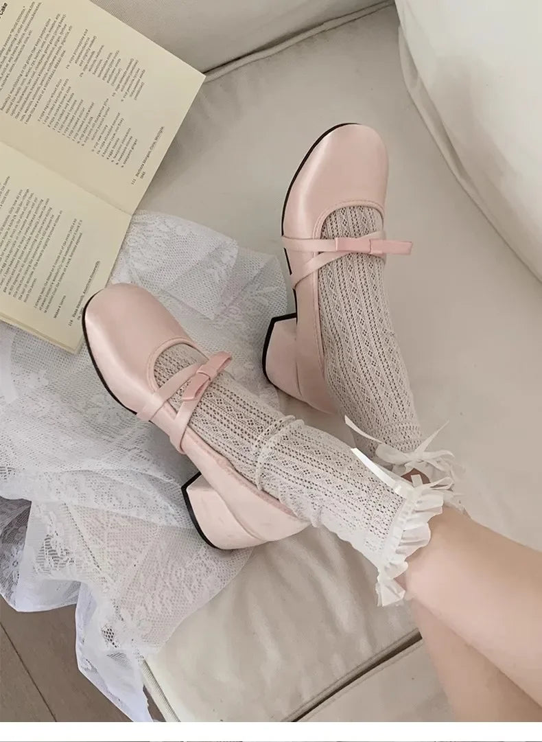LBSFY -Women Chunky Heel Shoes New  Fashion Bowknot Strap Mid Heels Women Mary Jane Shoes Dress Shallow Mouth Ladies Ballet Shoes