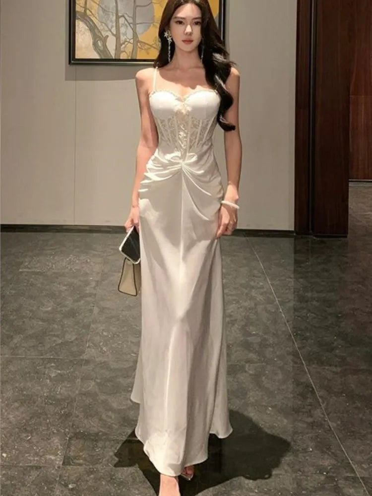 LBSFY -Spring Summer French Lace Spliced Mermaid Dress Elegant Solid strap Pleated Women's Dresses Evening Party Abend Kleider 2025 New