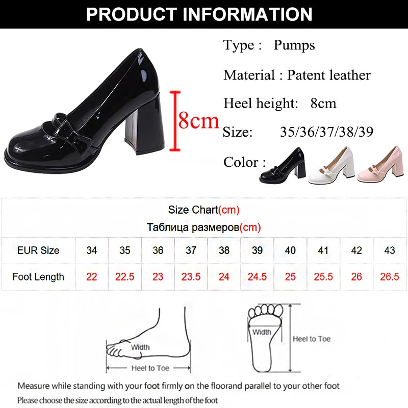 LBSFY  -    High Heels Mary Janes Women Cute Round Toe Patent Leather Pumps Woman Slip-On Square Heeled Bow Party Shoes Ladies