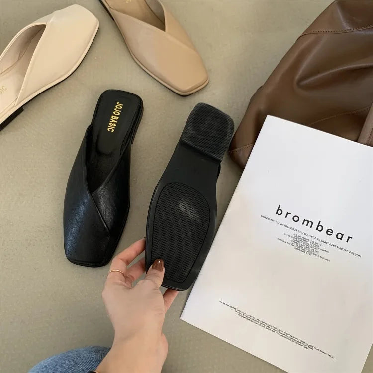 LBSFY -Flat Half Drag Slippers Square Toe Sandals 2025 Spring/Summer Outside Wear Casual Soft Bottom Mules Low Heel Sapatos Femininos