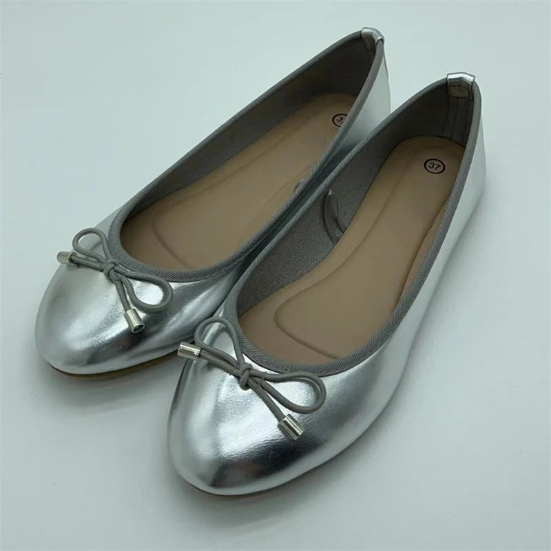 LBSFY -Elegant Bowknot Ballerina Women's Flat Round Toe Comfort Slip-On Ladies Loafers Leather Single Mules Shoes