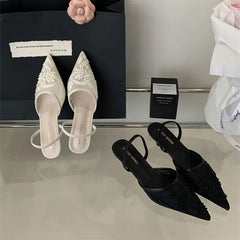 LBSFY  -Silk Sequin Rhinestone Decoration High Heels Muller Single Shoes Pointed Fine Heels Slippers Dress Banquet Female