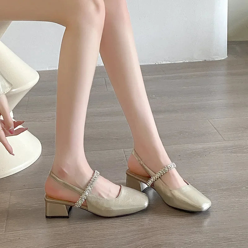 LBSFY -Comfortable Soft Leather High Heels Women's Sandals Summer New Style Fashion Mary Jane Shoes Square Toe Rubber Bottom