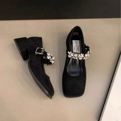 LBSFY -Women's Fashion High Heel Single Shoes Autumn New Square Head Shallow Mouth Rhinestone Thick with Temperament Mary Jane Shoes