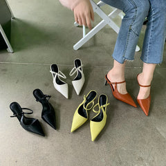 LBSFY  -  Fashion Women Slides Slippers Pointed Toe Black/White/Brown/Yellow Sexy Dress Shoes Thin High Heels Slip On Party Pumps Size 39