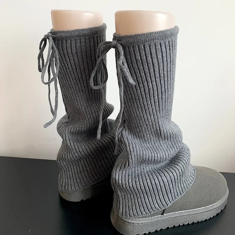 Lbsfy Sweet Ballet Strappy Wide Leg Socks Knitted Strappy Stockings Winter Warm Jk Leggings Y2K Bow Pile Socks Korea Women Calf Socks