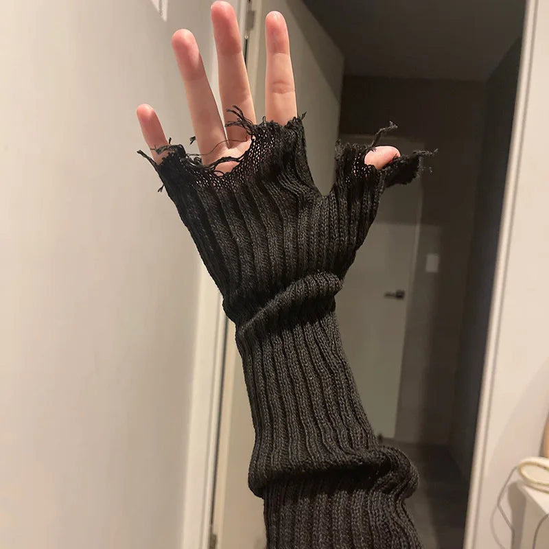 Lbsfy New Girl Gloves Black  Beige Tattered Punk Unisex Fingerless Cuff Knit Glove Women Men Elbow Mittens Broken Arm Warmer Gloves