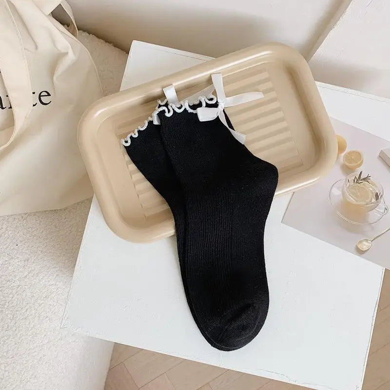 Lbsfy Bow Socks Women Cute Kawaii Mid-tube Frilly Black White Harajuku Lolita Princess Girl Gift Ruffle Sock Ladies Calcetines Mujer