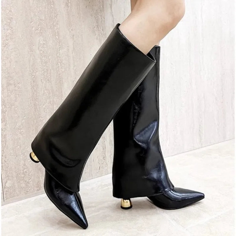 LBSFY -New Style Retro Fashion Pointed-toe Trouser Leg Boots Spring and Autumn Temperament Special-shaped Heels High-end Long-leg Boots
