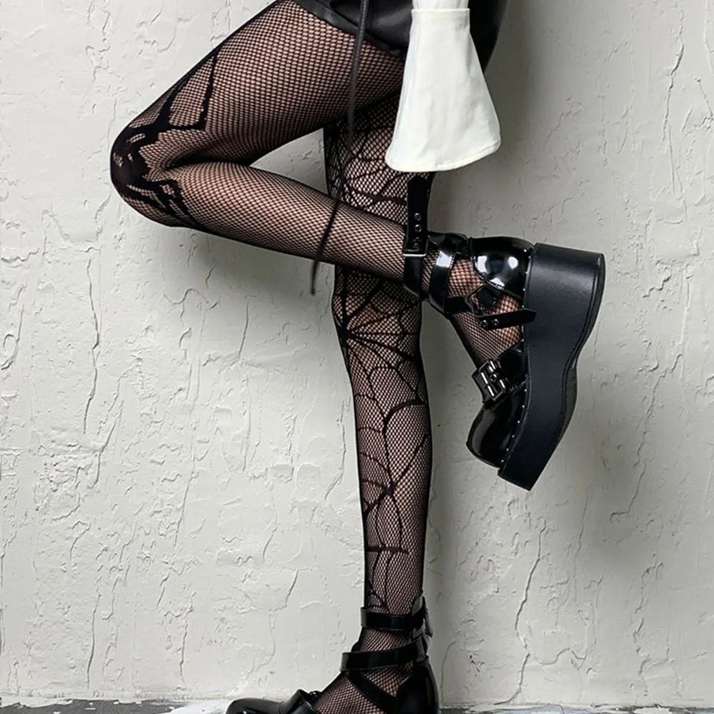 Lbsfy Punk Gothic Asymmetric Spiders Fishing Net Stockings Women Sexy Black Halloween Pantyhose Tights Cosplay Club Party Accessories