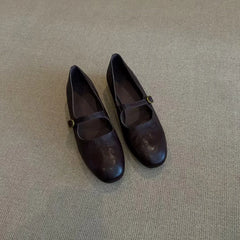 LBSFY -Version Mary Janes Low Heel Flat Bottom Women's Shoes Retro Simple Commuter Buckle Single Shoes Leather Upper