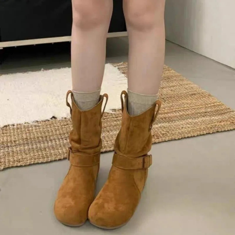 LBSFY -New Style Women's Solid Round Head Chunky Heel Sleeve Western Retro Mid Calf Leather Boots Ladies Retro Platform Cowboy Boots