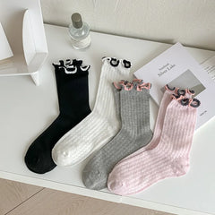 Lbsfy 4 Pairs Women's Lettuce Trim Socks Cute Bow Embroidery Breathable Socks Ankle Length Stacked Socks for Summer Streetwear