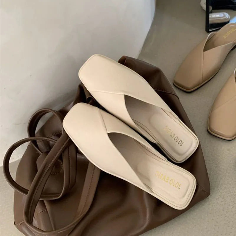 LBSFY -Flat Half Drag Slippers Square Toe Sandals 2025 Spring/Summer Outside Wear Casual Soft Bottom Mules Low Heel Sapatos Femininos