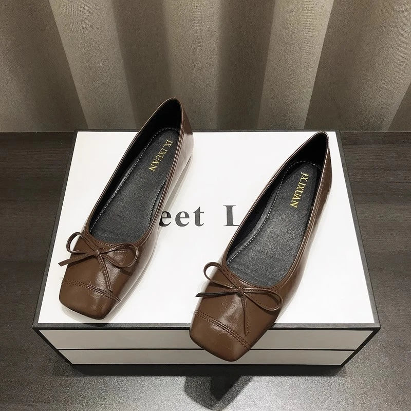 LBSFY -Bowtie Flat Shoes Women Ballerinas Square Toe Slip on Ballet Flats Lazy Loafers Moccasins Ladies Casual Comfort Shoes
