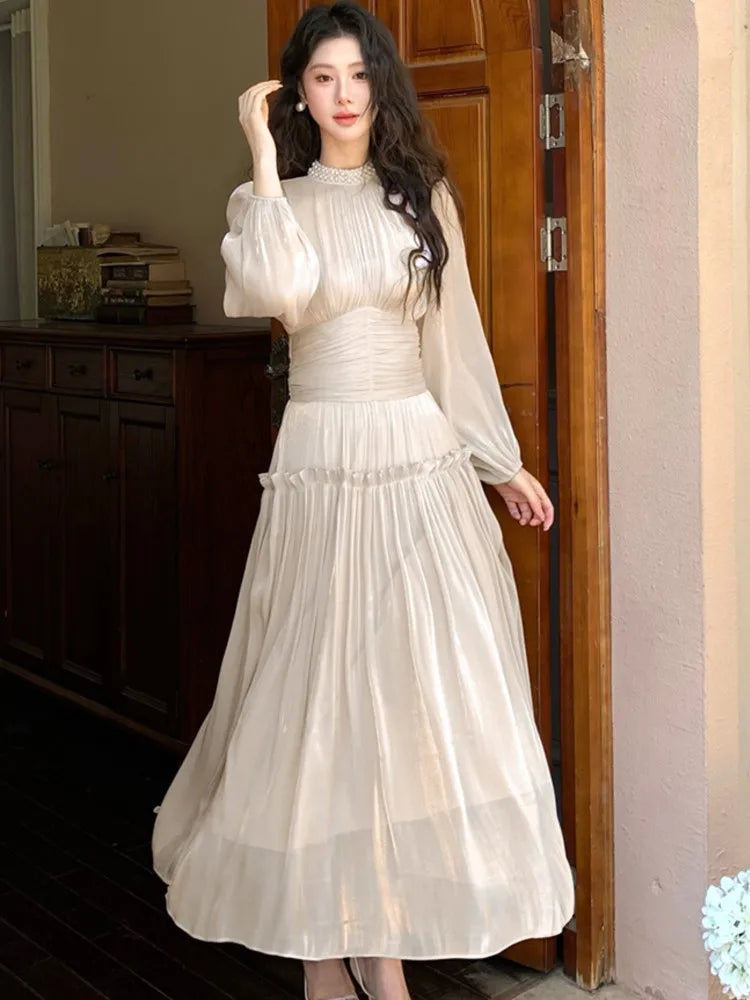 LBSFY -2025 New Elegant Chic French Pleated Solid Dress Puff Sleeves Slim Waist Midi Women's Dresses Party Prom Female Clothes Mujer