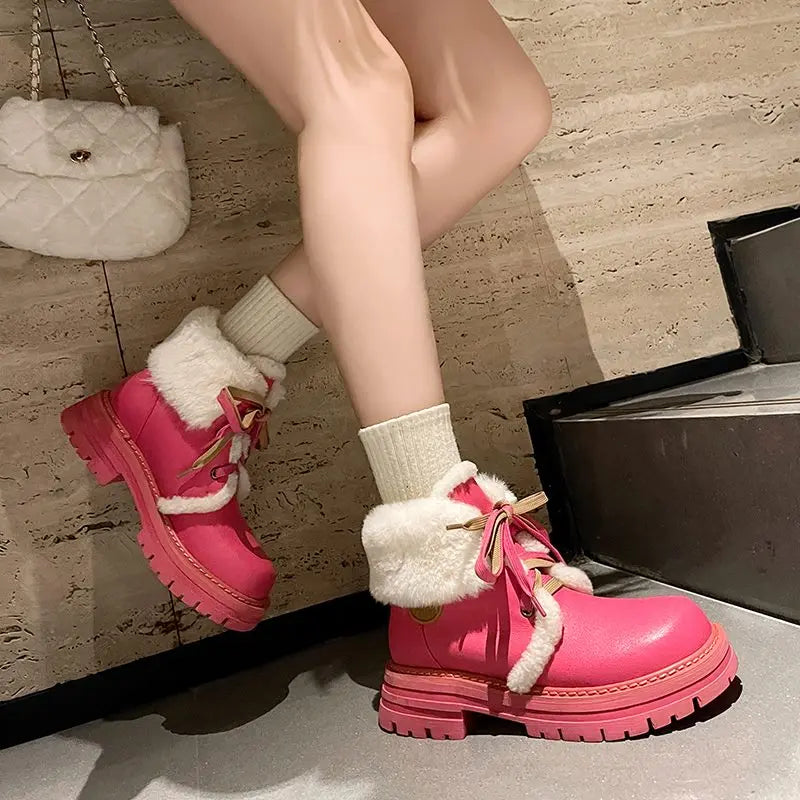 LBSFY  -   Genuine Leather Snow Boots Women Lace Up Solid Color Thick Fur Warm Winter Boots Ladies Fashion Ankle Boots Shoes