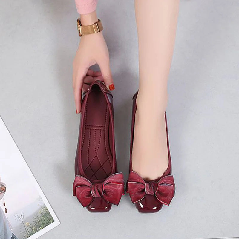 LBSFY  -  Fashion Square Toe Women Flats Shoes Bow Women Shoes Patent Leather Casual Single Spring Ballerina Shallow Mouth Loafers Shoes
