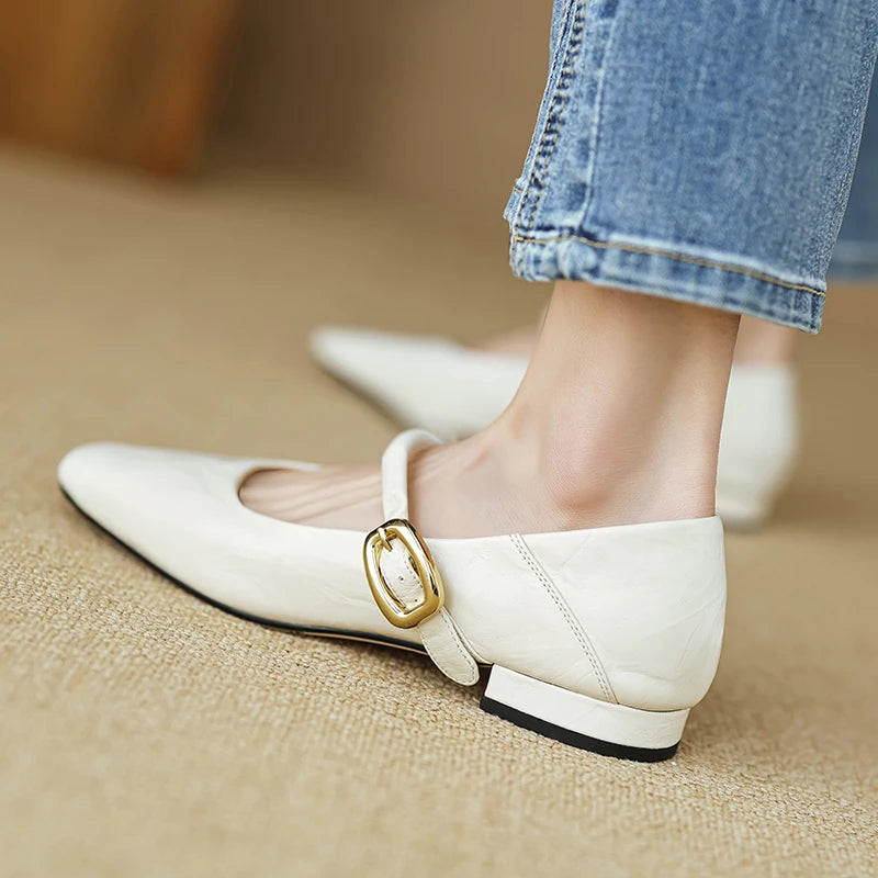 LBSFY  -  Low Heels Women Pumps Fashion Buckle Strap Mary Janes Genuine Leather Spring Summer Casual Working Shoes Woman 2024 White Heels