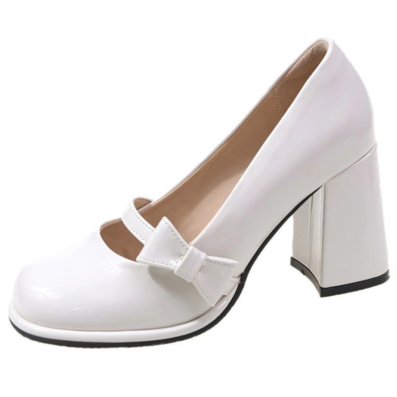 LBSFY  -    High Heels Mary Janes Women Cute Round Toe Patent Leather Pumps Woman Slip-On Square Heeled Bow Party Shoes Ladies