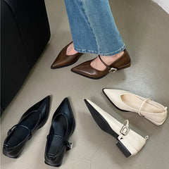 LBSFY -Pointed Toe Women Shoes Buckle Strap Solid Color Retro Designer Brand Low Heel Shallow Female Shoes Leather Concise Casual Shoes
