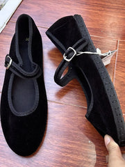 LBSFY  -  Hand Stitch Mary Janes Shoes Woman 2024 Trend Velvet Elegant Ballet Flats Shoes Spring Autumn Casual Buckle Strap Canvas Loafers