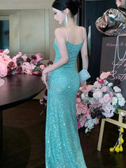 LBSFY -Women's Sexy Green Evening Dresses Slim Backless V-Neck Split Gown Long Dress Fashion Robe Birthday Party Vestidos Spring Autumn