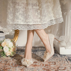 LBSFY  -  Size 32-43 Lace Pearls Wedding Shoes Bridal High Heels Princess Pointed Toe Mesh Stiletto Shoes For Women