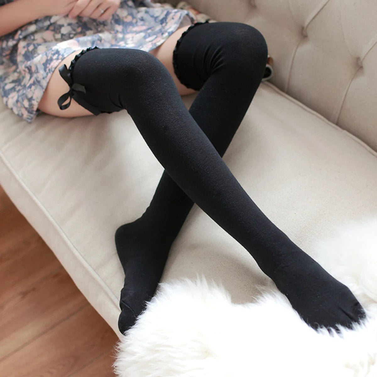 Lbsfy Women Girls Cotton High Knee Stocking Cotton Sweet Bow Cute Long Socks Stockings