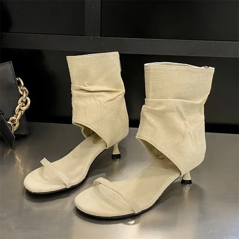 LBSFY -New Open Toe Clip-On Denim Women's Boots Sandal Pleated Low Thin Heels Concise Booties Shoes