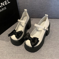 LBSFY  -  Lovely Black Bow Thick Heel Mary Jane for Women Shoes Fashion Increase Women's Shoes Designer Soft Sole Casual Ladies High Heels