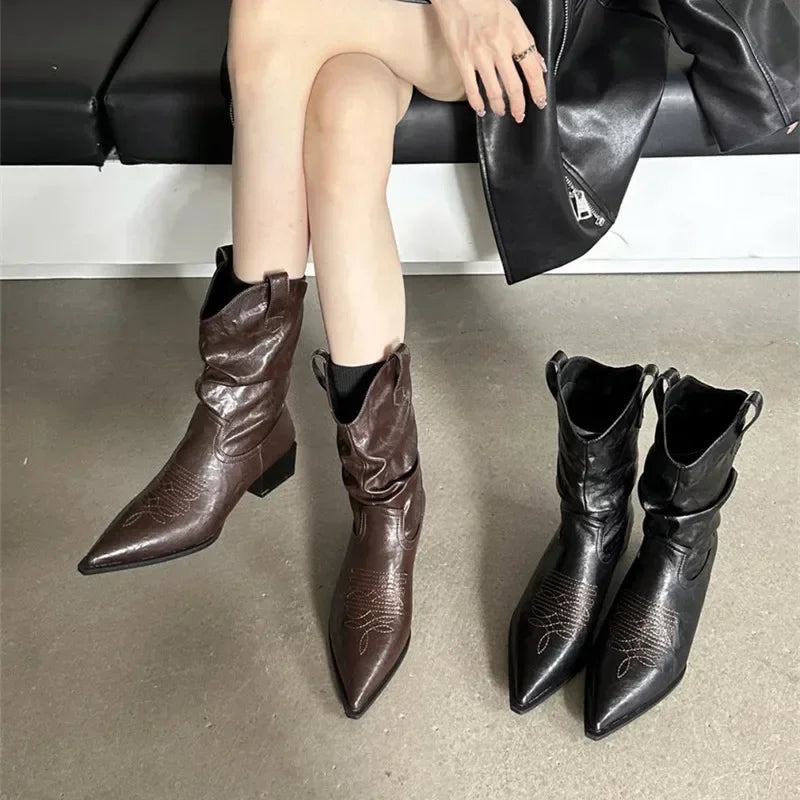 LBSFY  -  Luxury Pointed Toe Chunky Ankle Boots Women 2025 Fashion Embroidery Soft Leather Pleated Designer Boots for Women Knight Boots