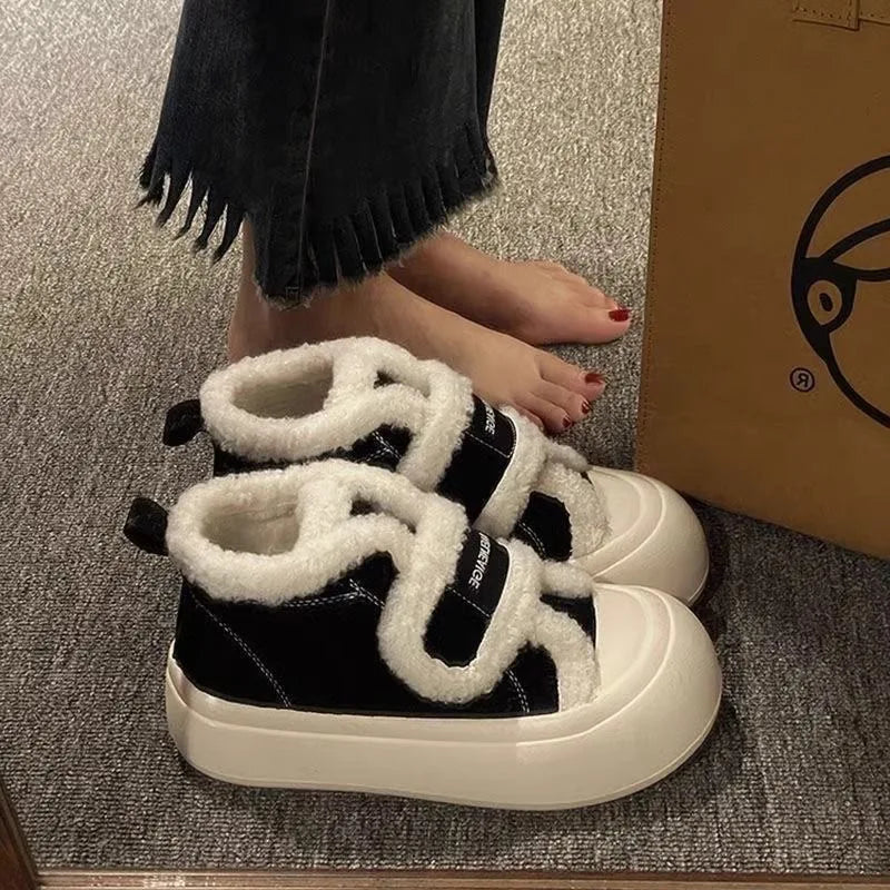 LBSFY  -  Winter Women Breathable Warm Sneakers White Wool Shoes Thick Heel Plaid Sneakers Casual Running Platform Y2K Lolita Shell Shoes