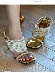 LBSFY  -  New Gold Square Open Toe String Bead Pearl Wrap Slip On Thin Heels Party Summer Sandals Women Elegant Bride Wedding Dress Shoes