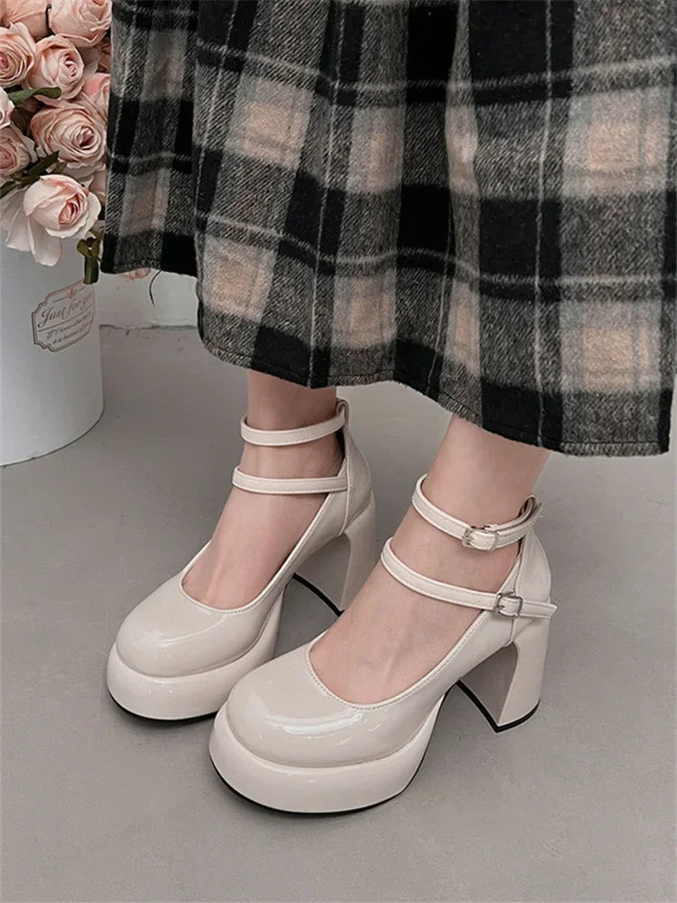 LBSFY -Mary Jane Pumps For Women Girls Fashion Brand New Chunky Heel Wedding Dress Shoes Spring New Pumps Classic Double Buckle