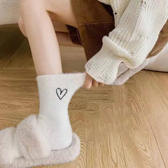 Lbsfy women socks Lovely Cozy Hairy Mink Velvet Autumn Winter Hosiery Thickened Plush Warm Sleep Home Fluffy White love heart Socks