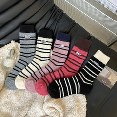 Lbsfy Wool Winter Thick Warm Cute Socks Cotton Korean Wool Stripe Designer Socks Middle Tube Kawaii Casual Harajuku Women Socks