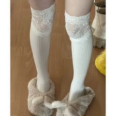 Lbsfy Boot Socks Autumn/Winter Solid Color Thigh High Lace Cute Lolita Thick Warm Stockings Sexy Black White Long Leg Socks for Women
