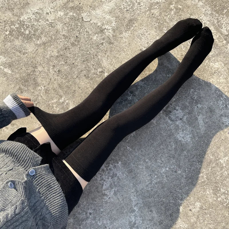 Lbsfy Socks Woman Autumn/Winter Solid Color Thigh High Lace Cute Lolita Thick Warm Stockings Black White Long Leg Socks for Women