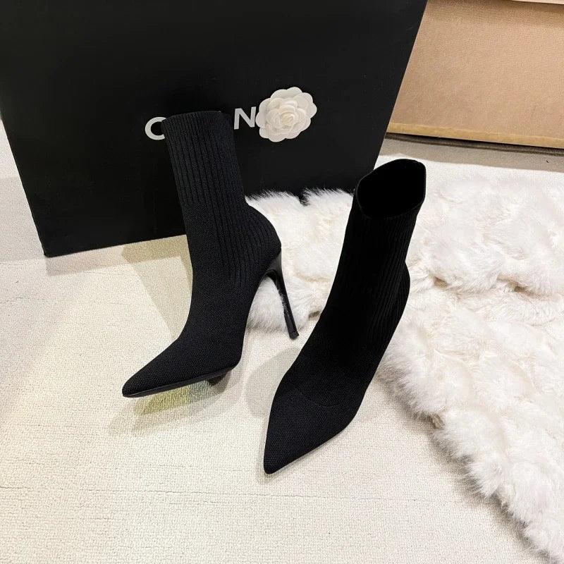 LBSFY  -  New Short Tube Knitted Wool Elastic Boots Pointed Slim High Heel Short Boots Thin Heel Versatile Women's Boots