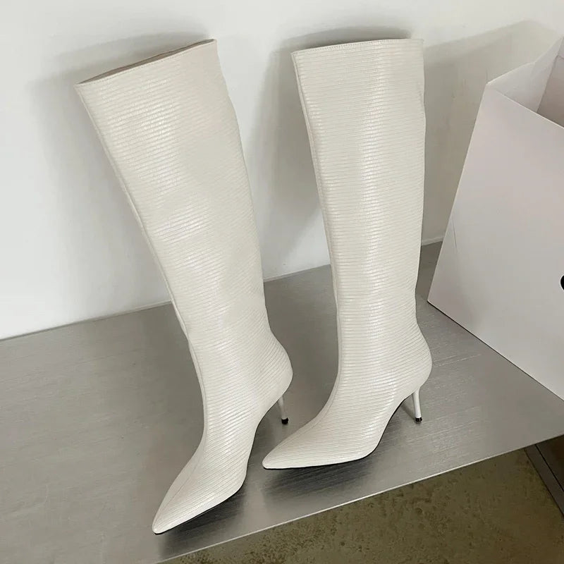 LBSFY -Sexy Gingham Pointed Toe Women Knee-High Boots High Quality Party Dress Modern Long Booties Thin Low Heels Shoes