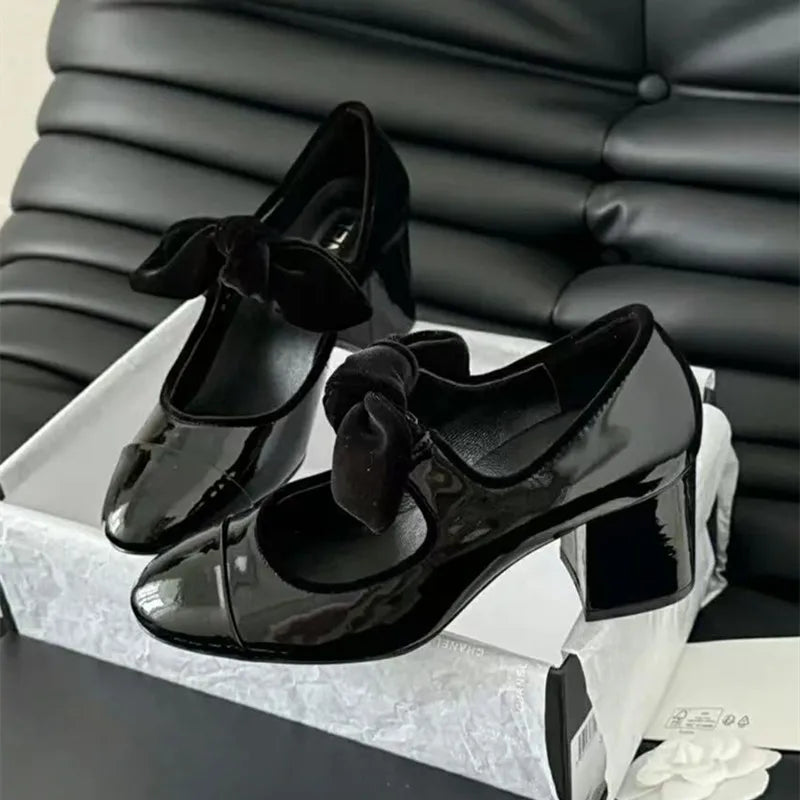 LBSFY  -   Star style Fashion Mixed-color Bowknot Mary Janes Women Pumps Spring Summer Patent Leather Thick High heels Female Party Shoes