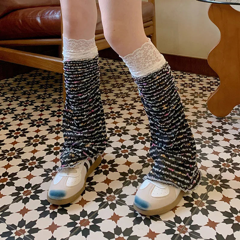 Lbsfy Y2k Rainbow Patchwork Lace Leg Socks Mesh Patchwork Wide Leg Warmers Japanese Harajuku Mid Tube Socks Sexy Flare Leg Covers