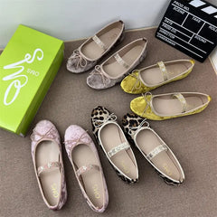 LBSFY  -  Velvet Ballet Flats Shoes for Women Star Decor Elegant Bow Mary Janes Shoes Soft Leopard Print Loafers Ladies Shoes on Offer